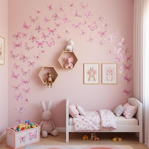 50 قطعة من ملصقات الفراشات ثلاثية الأبعاد - ملصقات حائط على شكل فراشات من مادة PVC قابلة للإزالة، ملصق فني جداري متعدد المقاسات يمكنك صنعه بنفسك لتزيين حفلات غرفة النوم والفصل الدراسي (وردي) in Kuwait