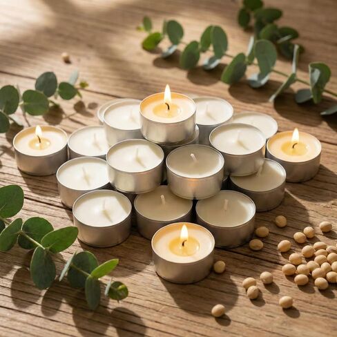 شموع Tealight 50 عبوة [4 ساعات مشتعلة] شموع شمع الصويا الصغيرة غير المعطرة باللون الأبيض وبدون دخان مع فتيل قطن 100% لديكور المنزل، وحفلات الزفاف، والشبت، وعيد الميلاد in Kuwait