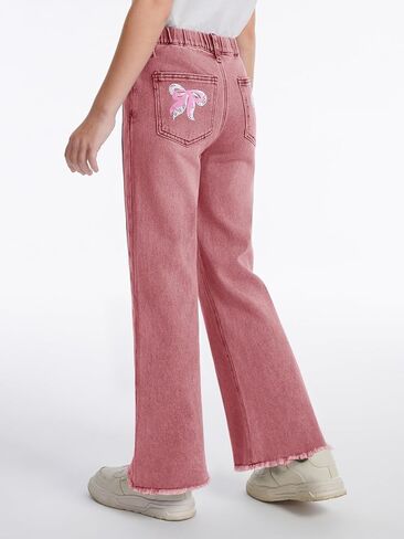 Haloumoning Girls Flare Jeans Kids Bow Print Back Elastic High Waist Wide Leg Denim Pants with Pockets 5-14 Years in Saudi Arabia