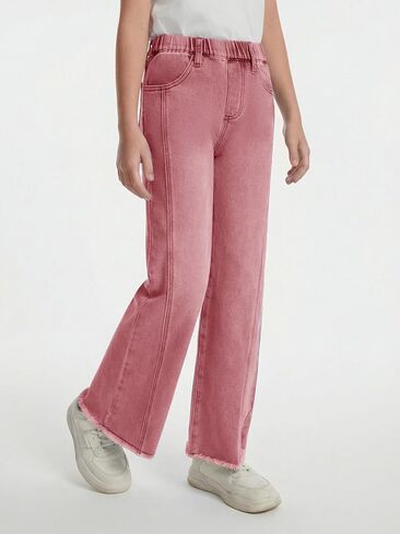 Haloumoning Girls Flare Jeans Kids Bow Print Back Elastic High Waist Wide Leg Denim Pants with Pockets 5-14 Years in Saudi Arabia