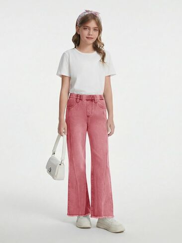 Haloumoning Girls Flare Jeans Kids Bow Print Back Elastic High Waist Wide Leg Denim Pants with Pockets 5-14 Years in Saudi Arabia