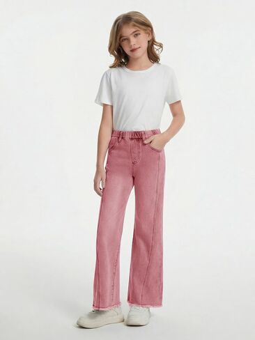 Haloumoning Girls Flare Jeans Kids Bow Print Back Elastic High Waist Wide Leg Denim Pants with Pockets 5-14 Years in Saudi Arabia