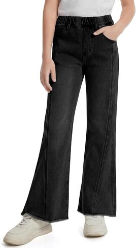 Haloumoning Girls Flare Jeans Kids Bow Print Back Elastic High Waist Wide Leg Denim Pants with Pockets 5-14 Years in Saudi Arabia