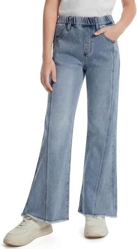 Haloumoning Girls Flare Jeans Kids Bow Print Back Elastic High Waist Wide Leg Denim Pants with Pockets 5-14 Years in Saudi Arabia