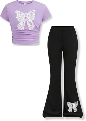 Girls Clothes 2 Piece Short Sleeve Lace Bow Print Tops Flared Pants Set Little Girl Outfits Size 7-14 in Saudi Arabia