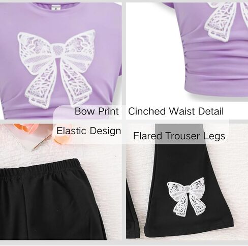Girls Clothes 2 Piece Short Sleeve Lace Bow Print Tops Flared Pants Set Little Girl Outfits Size 7-14 in Saudi Arabia