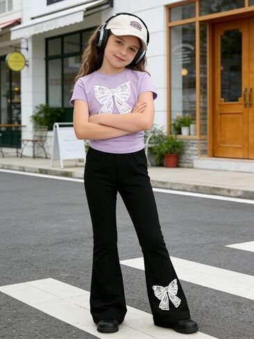 Girls Clothes 2 Piece Short Sleeve Lace Bow Print Tops Flared Pants Set Little Girl Outfits Size 7-14 in Saudi Arabia