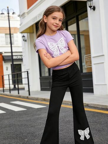 Girls Clothes 2 Piece Short Sleeve Lace Bow Print Tops Flared Pants Set Little Girl Outfits Size 7-14 in Saudi Arabia