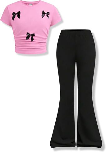 Girls Clothes 2 Piece Short Sleeve Lace Bow Print Tops Flared Pants Set Little Girl Outfits Size 7-14 in Kuwait