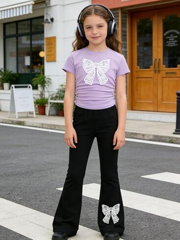 Girls Clothes 2 Piece Short Sleeve Lace Bow Print Tops Flared Pants Set Little Girl Outfits Size 7-14 in Saudi Arabia