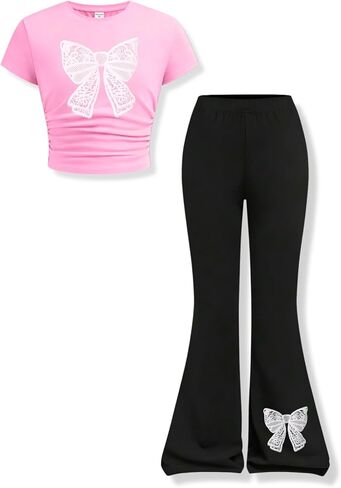 Girls Clothes 2 Piece Short Sleeve Lace Bow Print Tops Flared Pants Set Little Girl Outfits Size 7-14 in Saudi Arabia