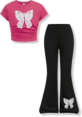 Girls Clothes 2 Piece Short Sleeve Lace Bow Print Tops Flared Pants Set Little Girl Outfits Size 7-14 in Saudi Arabia