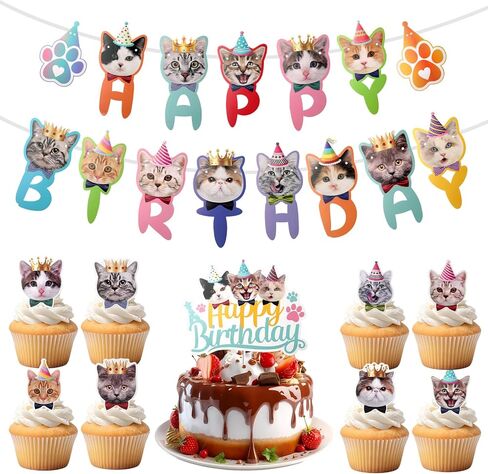 1Set Cat Birthday Banner, Cat Themed Birthday Party Decorations-2 Funny Cat Face Theme Birthday Party Decorations Banners, 8 Small Cats Faces Birthdays Banners-1 Large birthday banner for Boys, Girls in Kuwait
