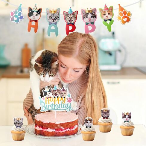 1Set Cat Birthday Banner, Cat Themed Birthday Party Decorations-2 Funny Cat Face Theme Birthday Party Decorations Banners, 8 Small Cats Faces Birthdays Banners-1 Large birthday banner for Boys, Girls in Kuwait