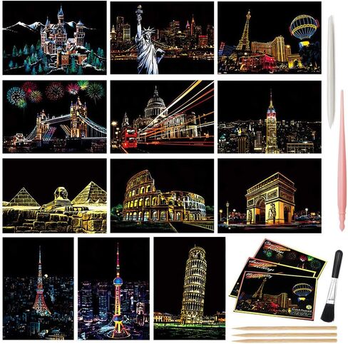 Magic Scratch Art Paper(7.9"x5.5"), Rainbow Landscape Engraving Art Mini Scratchboard Pads for Adults and Kids, Art & Crafts Set: 12 Sheets Scratch Postcard Cards & Drawing Pens, Brush (City Living) in Saudi Arabia