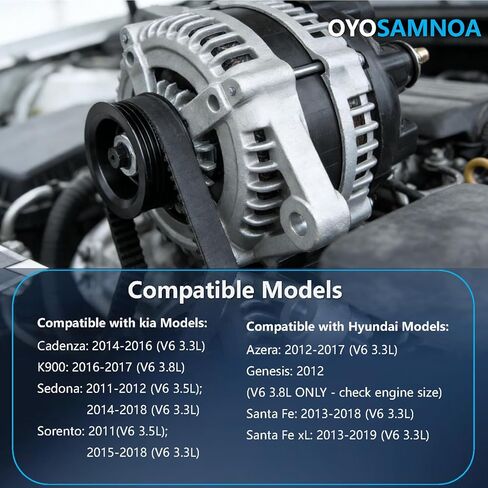 150 Amp Alternator Compatible with Kia Sorento Sedona Cadenza K900 & Hyundai Santa Fe Azera Genesis V6 3.3L 3.5L 3.8L (2011-2019) - Replaces 37300-3C510 11686N 12V 6-Groove Pulley in Saudi Arabia