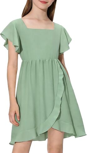 فستان صيفي للفتيات برقبة مربعة وأكمام مكشكشة على شكل حرف A فستان قصير كاجوال مع ظهر مرن سموكينغ 6-14 سنة in Kuwait