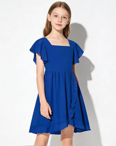 Girls Summer Dress Square Neck Ruffle Sleeve A-Line Casual Mini Dress with Back Elastic Smocking 6-14Y in Saudi Arabia