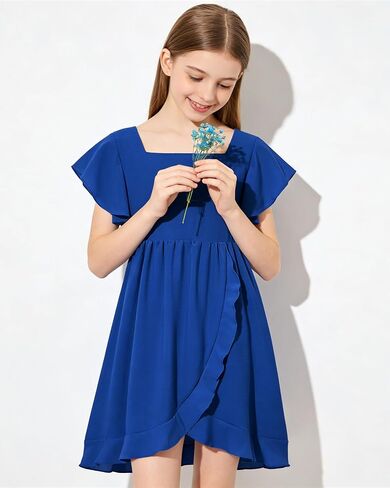 Girls Summer Dress Square Neck Ruffle Sleeve A-Line Casual Mini Dress with Back Elastic Smocking 6-14Y in Saudi Arabia