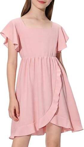 Girls Summer Dress Square Neck Ruffle Sleeve A-Line Casual Mini Dress with Back Elastic Smocking 6-14Y in Saudi Arabia