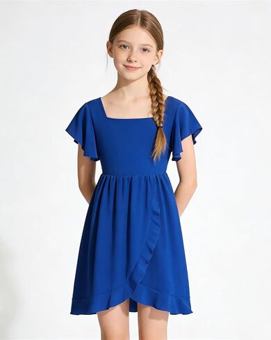 Girls Summer Dress Square Neck Ruffle Sleeve A-Line Casual Mini Dress with Back Elastic Smocking 6-14Y in Saudi Arabia