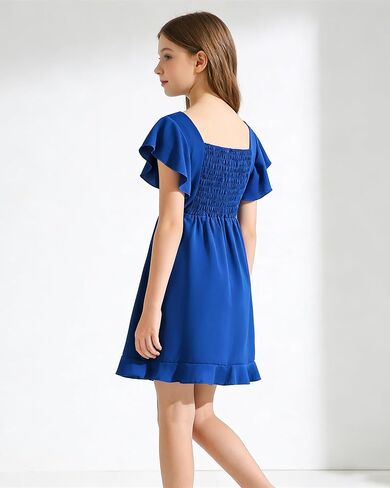 Girls Summer Dress Square Neck Ruffle Sleeve A-Line Casual Mini Dress with Back Elastic Smocking 6-14Y in Saudi Arabia