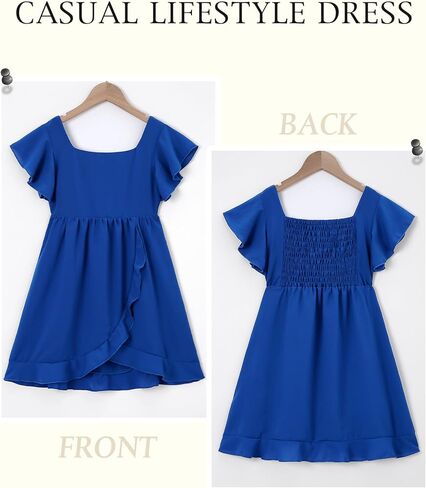 Girls Summer Dress Square Neck Ruffle Sleeve A-Line Casual Mini Dress with Back Elastic Smocking 6-14Y in Saudi Arabia