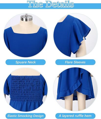 Girls Summer Dress Square Neck Ruffle Sleeve A-Line Casual Mini Dress with Back Elastic Smocking 6-14Y in Saudi Arabia