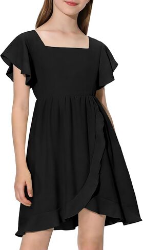 Girls Summer Dress Square Neck Ruffle Sleeve A-Line Casual Mini Dress with Back Elastic Smocking 6-14Y in Saudi Arabia