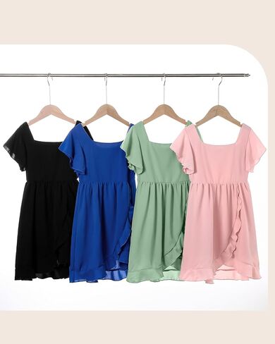 Girls Summer Dress Square Neck Ruffle Sleeve A-Line Casual Mini Dress with Back Elastic Smocking 6-14Y in Saudi Arabia