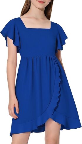 Girls Summer Dress Square Neck Ruffle Sleeve A-Line Casual Mini Dress with Back Elastic Smocking 6-14Y in Saudi Arabia