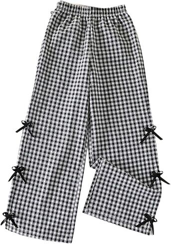 Girl's Gingham Plaid Bow Long Pants Wide Straight Leg Loose Trousers Wide Leg Baggy Pants Casual Trousers for 8-12 Y in Kuwait