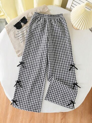Girl's Gingham Plaid Bow Long Pants Wide Straight Leg Loose Trousers Wide Leg Baggy Pants Casual Trousers for 8-12 Y in Kuwait