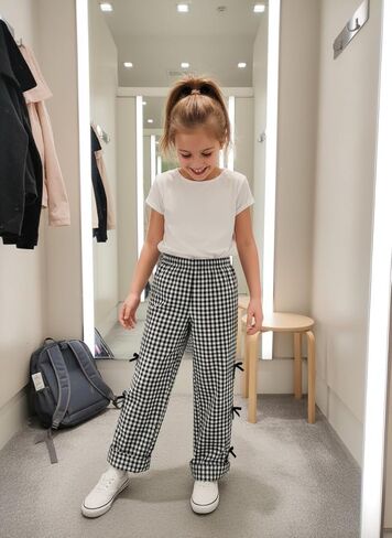 Girl's Gingham Plaid Bow Long Pants Wide Straight Leg Loose Trousers Wide Leg Baggy Pants Casual Trousers for 8-12 Y in Kuwait