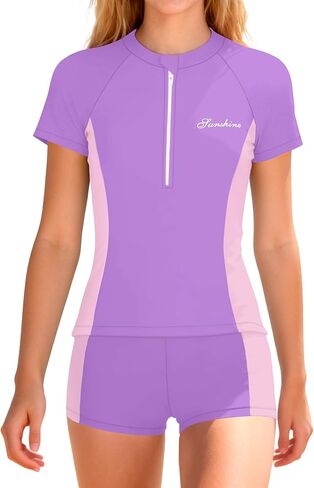 ملابس سباحة للفتيات من Rash Guard مكونة من قطعتين ملونة وأكمام قصيرة وملابس سباحة للحماية 9-16 سنة in Kuwait