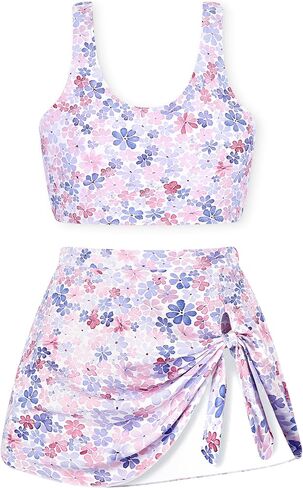 Girls Two Piece Tankini Swimsuit with Skirt Summer Bathing Suit with Chest Pad Swimwear 7-16 Years in Kuwait