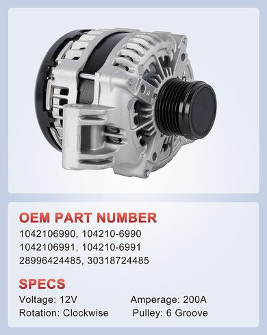 104210-6990 Alternator 200A 12V, Compatible with Maserati Ghibli 2014-2019, Maserati Quattroporte 2014-2019 V6 3.0L in Kuwait