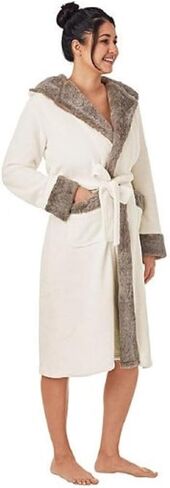 Member's Mark Women's Hooded Plush Robe with Faux Fur Accents (Ivory, L/XL) in Kuwait