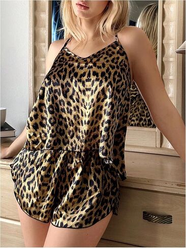 SOLY HUX Women's Leopard Pajama Set Cheetah Print Tie Backless Cami Tops and Shorts Sleepwear Loungewear in Saudi Arabia