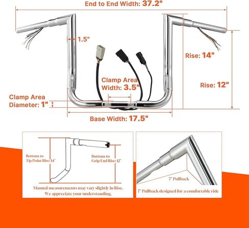 Pre-wired 1 1/2" Fat Ape Hanger 12" Rise Bagger Handlebar for Harley 2008-2013 Street Glide/Electra Glide/Ultra Limited Prewired CAN-Bus Wire and TBW (Throttle by Wire) Right-angle Bar, Chrome in Kuwait