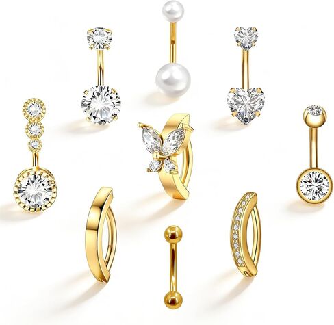 خاتم زر البطن الذهبي - مجموعة مجوهرات السرة الفولاذية الجراحية المضادة للحساسية 14 جرام، 9 قطع حلقات بطن أنيقة للنساء مع لؤلؤ فراشة على شكل قلب، متدلية متلألئة تشيكوسلوفاكيا، حلقة زر البطن in Kuwait