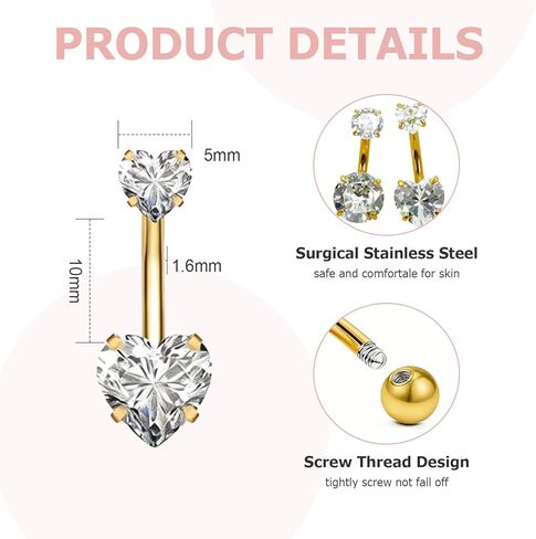 خاتم زر البطن الذهبي - مجموعة مجوهرات السرة الفولاذية الجراحية المضادة للحساسية 14 جرام، 9 قطع حلقات بطن أنيقة للنساء مع لؤلؤ فراشة على شكل قلب، متدلية متلألئة تشيكوسلوفاكيا، حلقة زر البطن in Kuwait