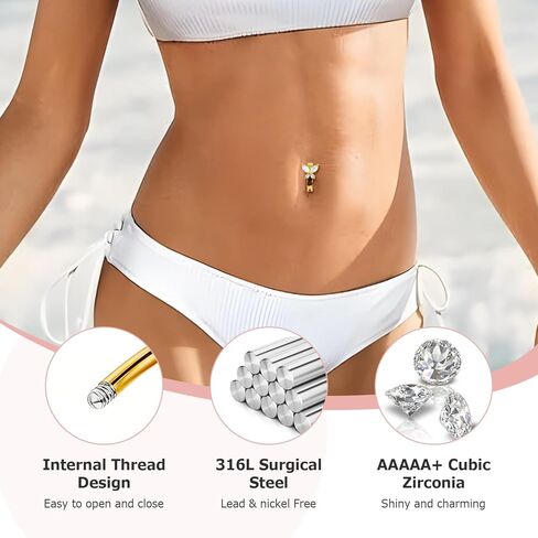 خاتم زر البطن الذهبي - مجموعة مجوهرات السرة الفولاذية الجراحية المضادة للحساسية 14 جرام، 9 قطع حلقات بطن أنيقة للنساء مع لؤلؤ فراشة على شكل قلب، متدلية متلألئة تشيكوسلوفاكيا، حلقة زر البطن in Kuwait