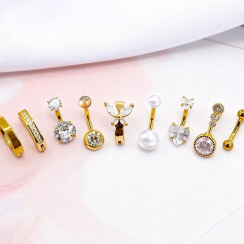 خاتم زر البطن الذهبي - مجموعة مجوهرات السرة الفولاذية الجراحية المضادة للحساسية 14 جرام، 9 قطع حلقات بطن أنيقة للنساء مع لؤلؤ فراشة على شكل قلب، متدلية متلألئة تشيكوسلوفاكيا، حلقة زر البطن in Kuwait