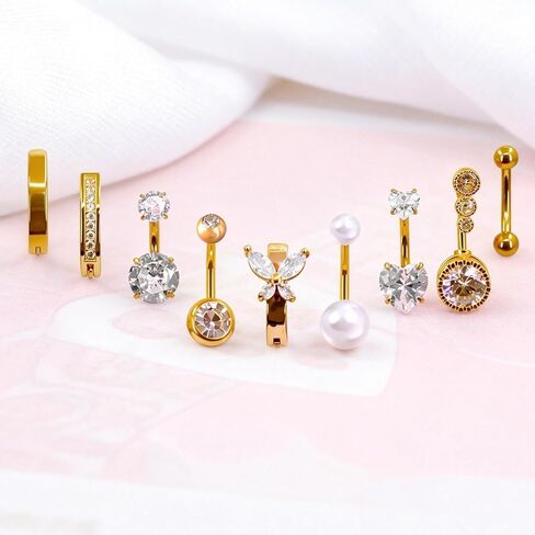 خاتم زر البطن الذهبي - مجموعة مجوهرات السرة الفولاذية الجراحية المضادة للحساسية 14 جرام، 9 قطع حلقات بطن أنيقة للنساء مع لؤلؤ فراشة على شكل قلب، متدلية متلألئة تشيكوسلوفاكيا، حلقة زر البطن in Kuwait