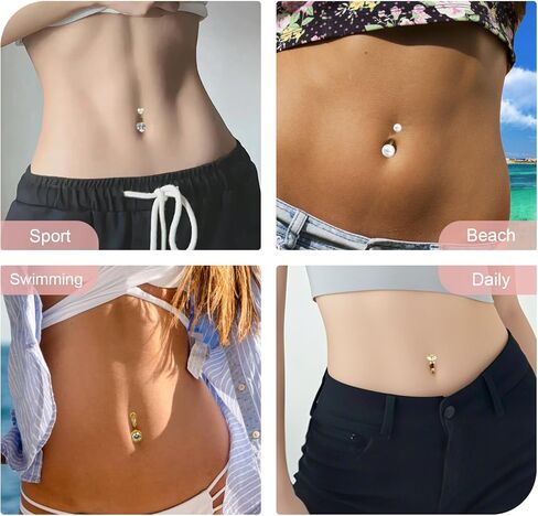 خاتم زر البطن الذهبي - مجموعة مجوهرات السرة الفولاذية الجراحية المضادة للحساسية 14 جرام، 9 قطع حلقات بطن أنيقة للنساء مع لؤلؤ فراشة على شكل قلب، متدلية متلألئة تشيكوسلوفاكيا، حلقة زر البطن in Kuwait