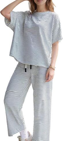 Women Striped Sets 2 Piece Oversized Batwing Capelet Crew Neck Pajamas Pullover Top Wide Leg Pants Outfits Lounge Set in Saudi Arabia
