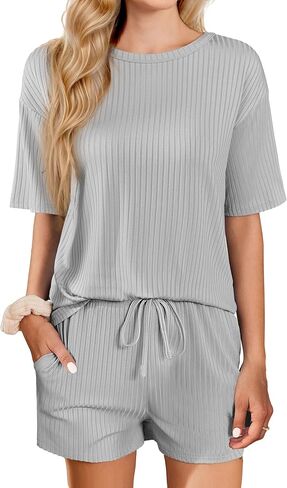 Ekouaer Short Sleeve Pajamas Set Ribbed Knit Lounge Sets for Women Pjs Shorts Set Two Piece Shorts Outfits Set in Saudi Arabia