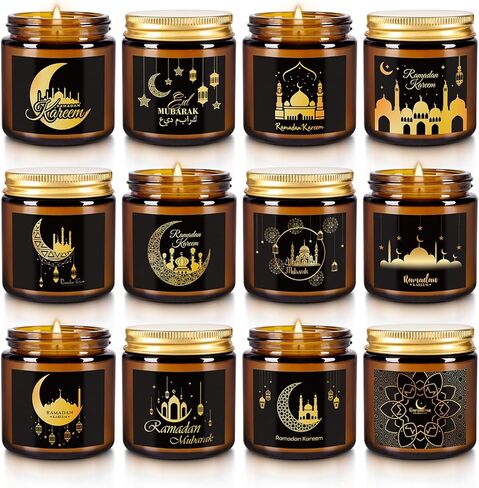 12 حزمة من الشموع المعطرة لشهر رمضان بوزن 3.5 أونصة من شمع الصويا، هدايا هدايا للحفلات الإسلامية الإسلامية، شموع زجاجية لتزيين المنزل في عيد الفطر السعيد (بني، نمط) in Saudi Arabia