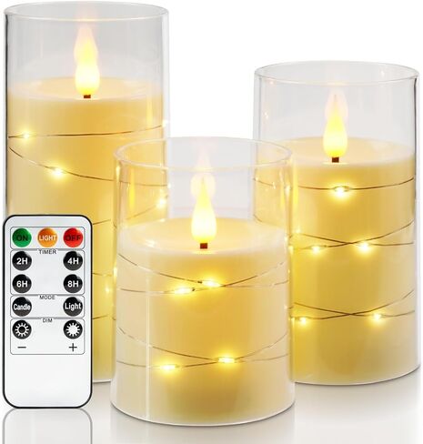 Amagic LED Flameless Candles, Battery Operated Candles with Embedded Fairy Lights, Acrylic Fake Candles with Remote and Timer for Wedding Home Decor, Ivory White, Set of 3, D3 x H4 5" 6" in Kuwait